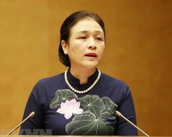 Chủ tịch Liên hiệp các tổ chức hữu nghị Việt Nam Nguyễn Phương Nga trình bày tham luận tại Hội nghị Đối ngoại toàn quốc sáng ngày 14/12/2021.