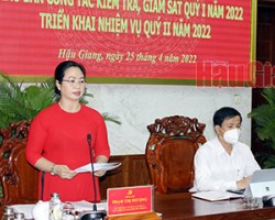 Bà Phạm Thị Phượng, Ủy viên Ban Thường vụ Tỉnh ủy, Chủ nhiệm Ủy ban kiểm tra Tỉnh ủy, phát biểu thảo luận tại điểm cầu Hậu Giang.