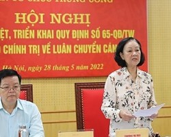 Bà Trương Thị Mai, Trưởng ban Tổ chức Trung ương, phát biểu tại hội nghị triển khai quy định về luân chuyển cán bộ, sáng 28/5. Ảnh: Ban Tổ chức Trung ương