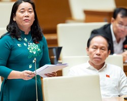 Đại biểu Lê Thị Thanh Lam, Phó Trưởng đoàn phụ trách Đoàn đại biểu Quốc hội tỉnh Hậu Giang, phát biểu thảo luận ở hội trường.