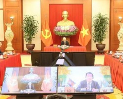 Tổng bí thư Nguyễn Phú Trọng điện đàm với Chủ tịch Đảng Nhân dân Campuchia, Thủ tướng Chính phủ Vương quốc Campuchia Hun Sen - Ảnh: TTXVN