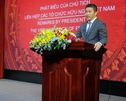 Chủ tịch Liên hiệp các tổ chức hữu nghị Việt Nam Phan Anh Sơn phát biểu tại buổi gặp gỡ.