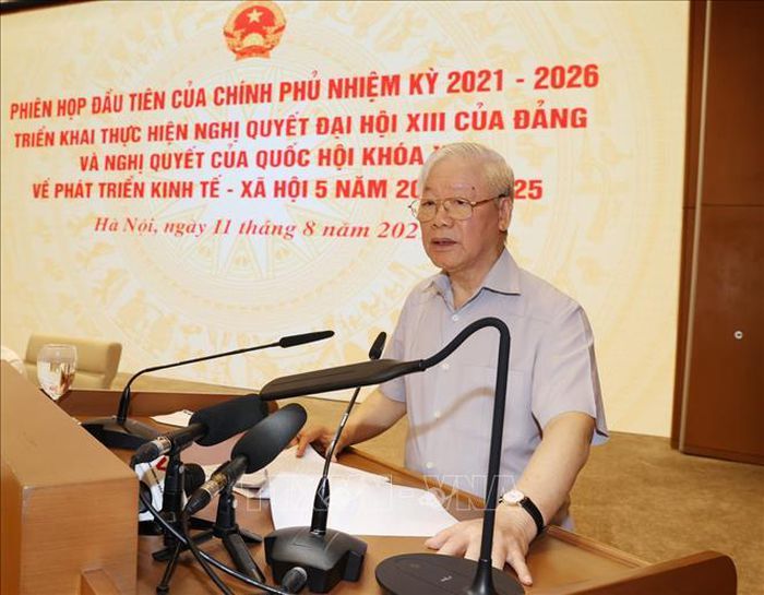 Tổng Bí thư Nguyễn Phú Trọng phát biểu tại Phiên họp đầu tiên của Chính phủ nhiệm kỳ 2021- 2026. Ảnh: Trí Dũng/TTXVN