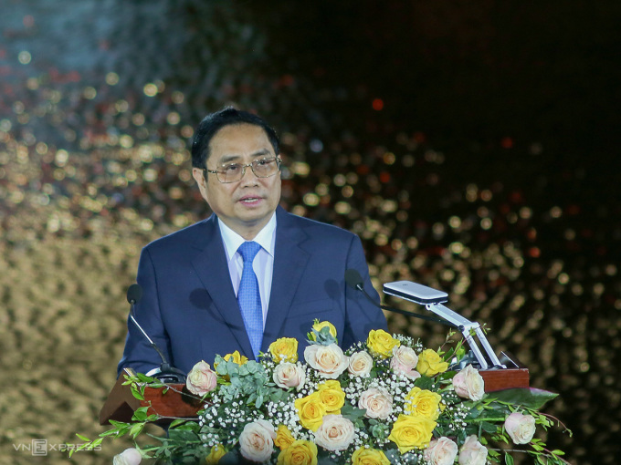 Thủ tướng Phạm Minh Chính phát biểu tại lễ khai mạc Năm du lịch quốc gia, tối 26/3 tại Quảng Nam. Ảnh: Nguyễn Đông