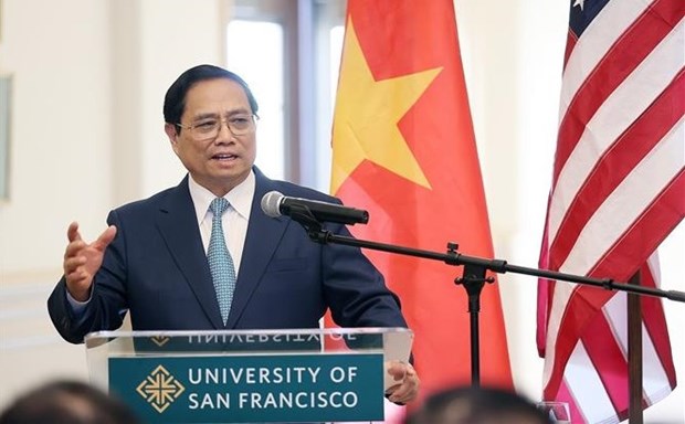 Prime Minister Pham Minh Chinh speaks at the University of San Francisco. (Photo: VNA)