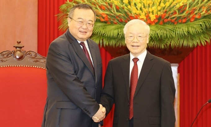 Tổng bí thư Nguyễn Phú Trọng tiếp Trưởng ban Liên lạc Đối ngoại Trung ương đảng Cộng sản Trung Quốc Lưu Kiến Siêu ngày 5/9. Ảnh: TTXVN