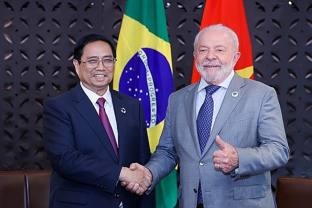 Prime Minister Pham Minh Chinh meets with Brazilian President Lula Da Silva within the framework of the expanded G7 Summit in Hiroshima, Japan, on May 21, 2023. Photo: VGP