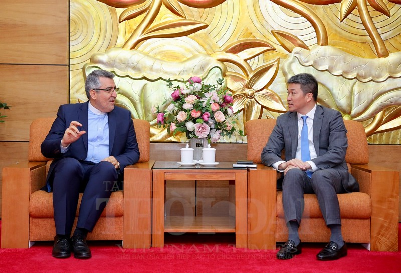 Chủ tịch Liên hiệp các tổ chức hữu nghị Việt Nam Phan Anh Sơn (phải) tiếp Đại sứ Iran tại Việt Nam Ali Akbar Nazari, ngày 22/12 tại Hà Nội. (Ảnh: Đinh Hòa)
