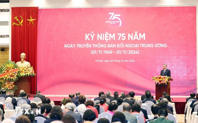 Tổng Bí thư Tô Lâm phát biểu tại lễ kỷ niệm 75 năm Ngày truyền thống Ban Đối ngoại Trung ương. (Ảnh: Thống Nhất/TTXVN)